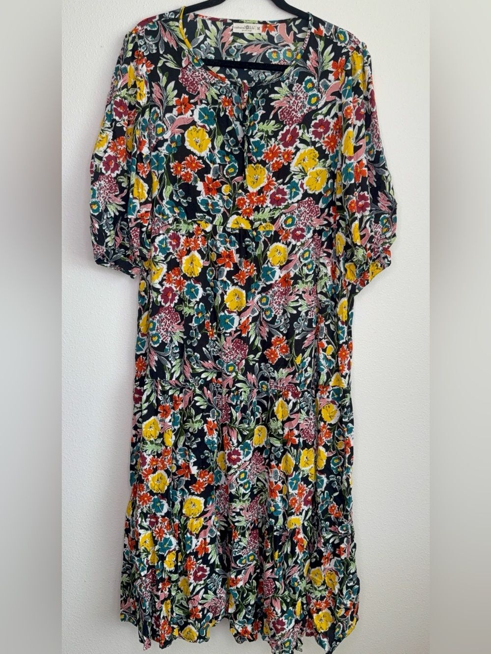 Natural Life Dress Sage V Neck Maxi Tiered Black floral Red Multi Yellow Accents - Picture 4 of 8